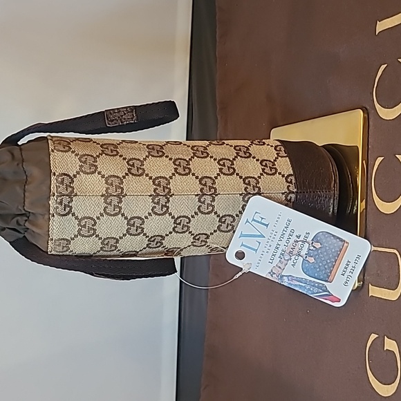 GUCCI VINTAGE 1990'S GG CANVAS/NYLON/LEATHER  DRAWSTRING BEVERAGE HOLDER - Picture 12 of 16